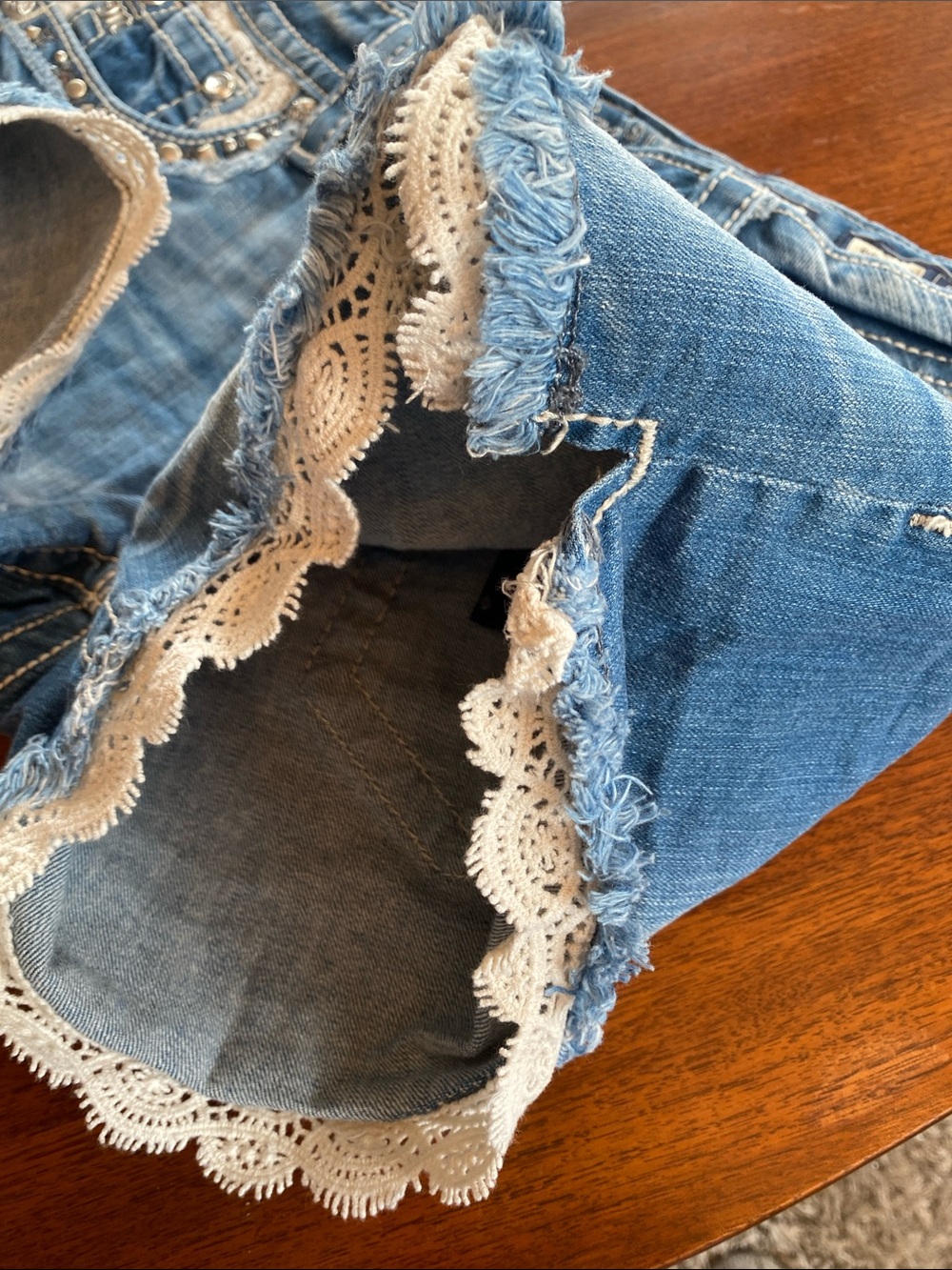 Miss Me Blue Denim Crochet-Trim Shorts - Picture 11 of 13